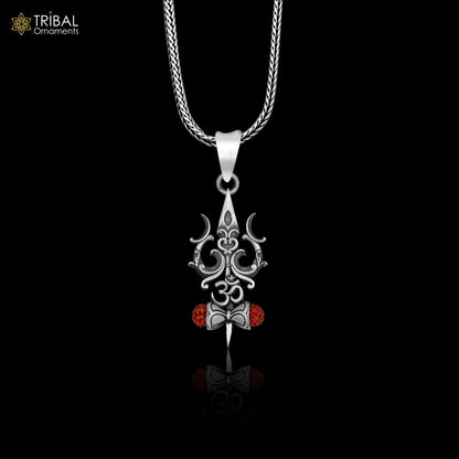 925 sterling silver Lord Shiva trident pendant with chain, tribal jewelry featuring intricate tribal ornament design.