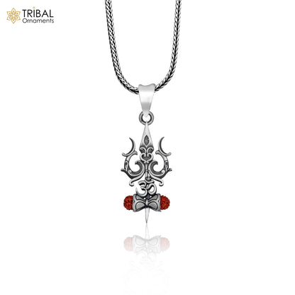 Sterling silver Lord Shiva Trishul pendant with chain, tribal jewelry style, crafted by Tribal Ornaments.