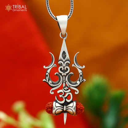 Sterling silver Lord Shiva Trishul pendant with chain, tribal jewelry design, detailed craftsmanship, from Tribal Ornaments.