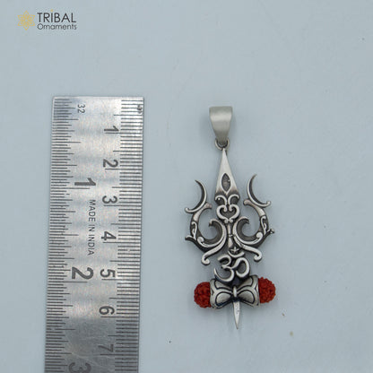 925 sterling silver Lord Shiva Trishul pendant with chain, tribal jewelry design, detailed religious symbol for spiritual adornment