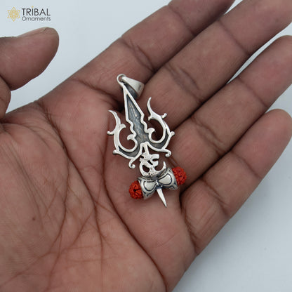 Sterling silver Lord Shiva Trishul pendant with chain, tribal jewelry design by TRIBAL ORNAMENTS, showcasing intricate craftsmanship.