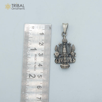 Sterling silver Lord Venkateswara with Laxmi Ji pendant on chain, tribal jewelry by TRIBAL ORNAMENTS, detailed silver craftsmanship