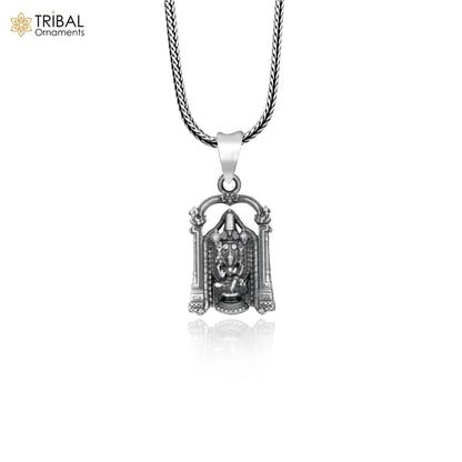 Sterling silver Lord Venkateswara pendant with Laxmi Ji and chain, tribal jewelry by Tribal Ornaments, detailed traditional design.