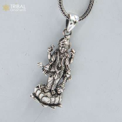 Sterling silver Lord Vishnu Ji pendant with chain, tribal jewelry style, featuring intricate design and detailed craftsmanship.