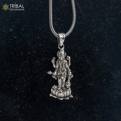 925 sterling silver Lord Vishnu Ji pendant with chain, tribal jewelry featuring detailed religious design and craftsmanship.