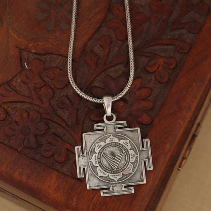 925 sterling silver Maha Kali Yantra pendant with chain, tribal jewelry featuring intricate tribal ornaments design.