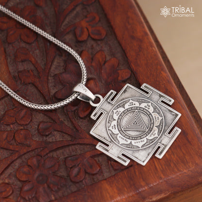 925 sterling silver Maha Kali Yantra pendant with chain, tribal jewelry featuring intricate spiritual design and craftsmanship.