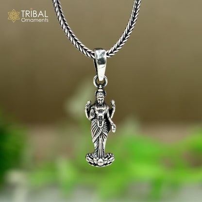 925 sterling silver Maha Laxmi ji pendant with chain, tribal jewelry style, intricate design featuring religious motifs.
