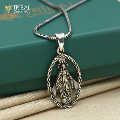 925 sterling silver Mother Mary pendant with chain, tribal jewelry style, detailed religious figure, from Tribal Ornaments.
