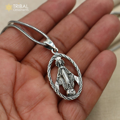 Sterling silver Mother Mary pendant with chain, tribal jewelry design by TRIBAL ORNAMENTS, detailed religious pendant.
