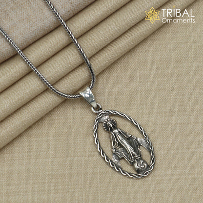 Sterling silver Mother Mary pendant with chain, tribal jewelry design by TRIBAL ORNAMENTS, detailed religious pendant.