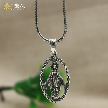 Sterling silver Mother Mary pendant with chain, tribal jewelry style, detailed religious motif, crafted by Tribal Ornaments.