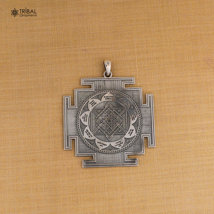 925 sterling silver Narsimha Yantra pendant with chain, tribal jewelry featuring intricate silver craftsmanship.