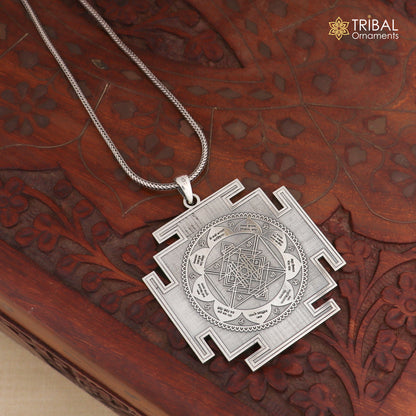 925 sterling silver Narsimha Yantra pendant with chain, tribal jewelry featuring intricate design and traditional craftsmanship.