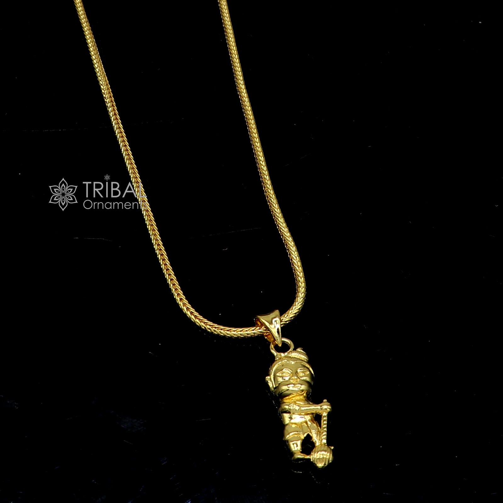 Sterling silver Lord Hanuman pendant with gold polish from Tribal Ornaments, featuring intricate handmade Bal Hanuman design.