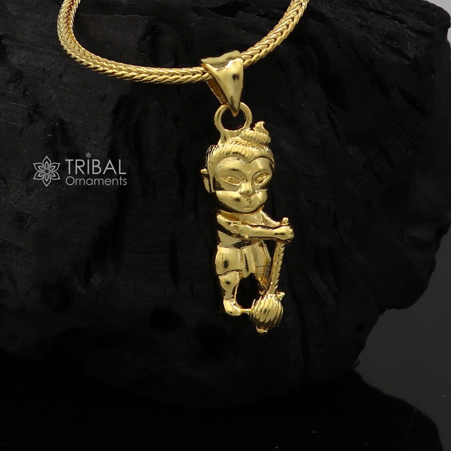 Sterling silver Lord Bal Hanuman pendant with gold polish, handmade tribal ornament design, stylish and detailed religious jewelry.