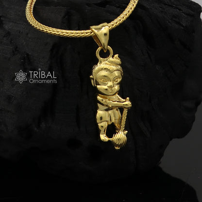 Sterling silver Lord Bal Hanuman pendant with gold polish, handmade tribal ornament design, stylish and detailed religious jewelry.