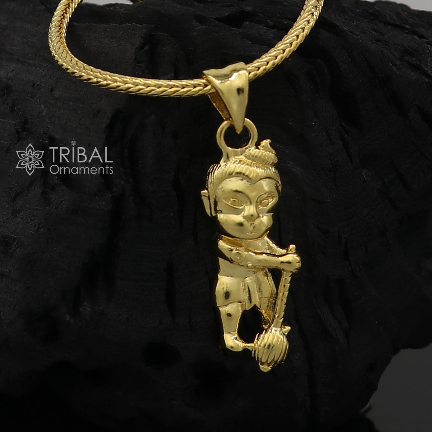 Sterling silver Lord Hanuman pendant with gold polish, handcrafted tribal design, stylish religious jewelry for spiritual adornment