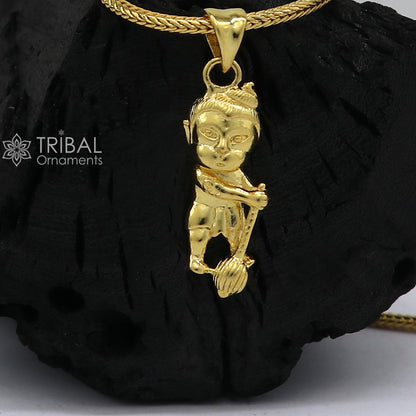 Sterling silver Lord Bal Hanuman pendant with gold polish, handcrafted tribal design, stylish and detailed jewelry piece.