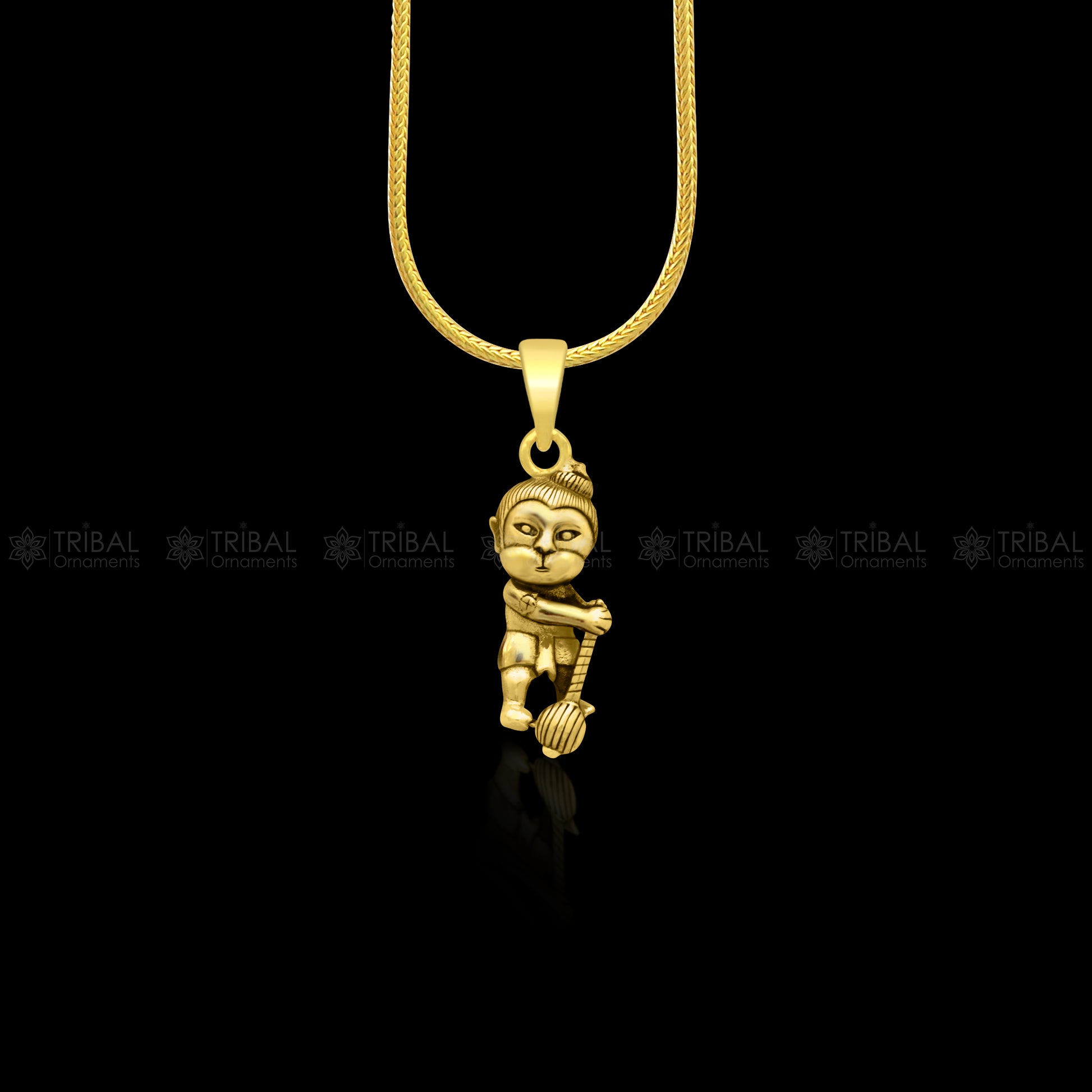Sterling silver Lord Bal Hanuman pendant with gold polish, handmade tribal design, stylish jewelry by TRIBAL ORNAMENTS