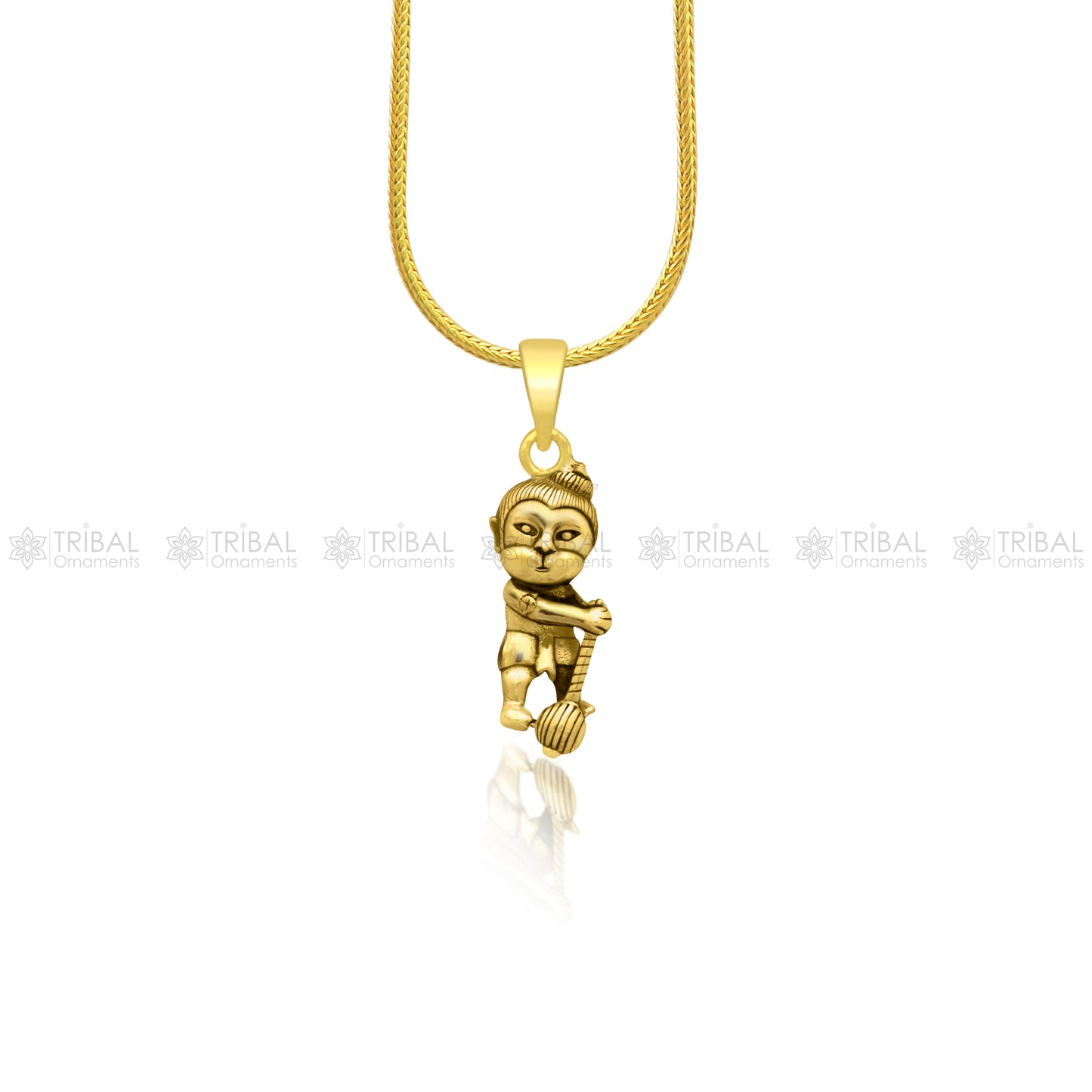 Sterling silver Lord Hanuman pendant with gold polish design, handmade tribal ornament style, stylish Hindu deity jewelry.