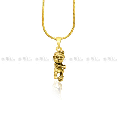 Sterling silver Lord Hanuman pendant with gold polish design, handmade tribal ornament style, stylish Hindu deity jewelry.