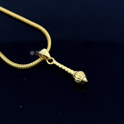 Sterling silver Lord Hanuman mace pendant with gold polish, handcrafted tribal design, featuring a traditional gada and bgota motif.