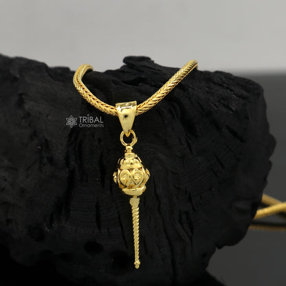 Sterling silver Lord Hanuman mace pendant with gold polish, handmade tribal design, featuring a traditional gadā and sakha motifs.