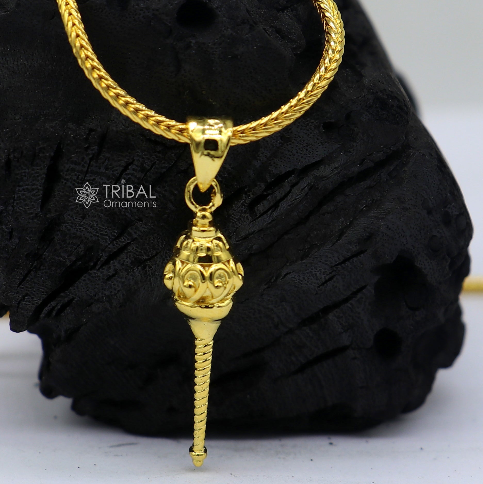 Sterling silver Lord Hanuman mace pendant with gold polish, handmade tribal ornament with sakha design and intricate detailing.