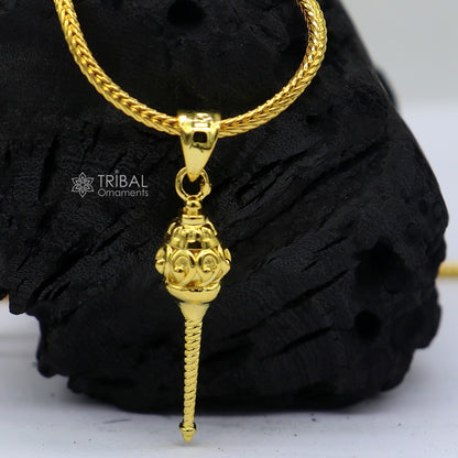 Sterling silver Lord Hanuman mace pendant with gold polish, handmade tribal ornament with sakha design and intricate detailing.