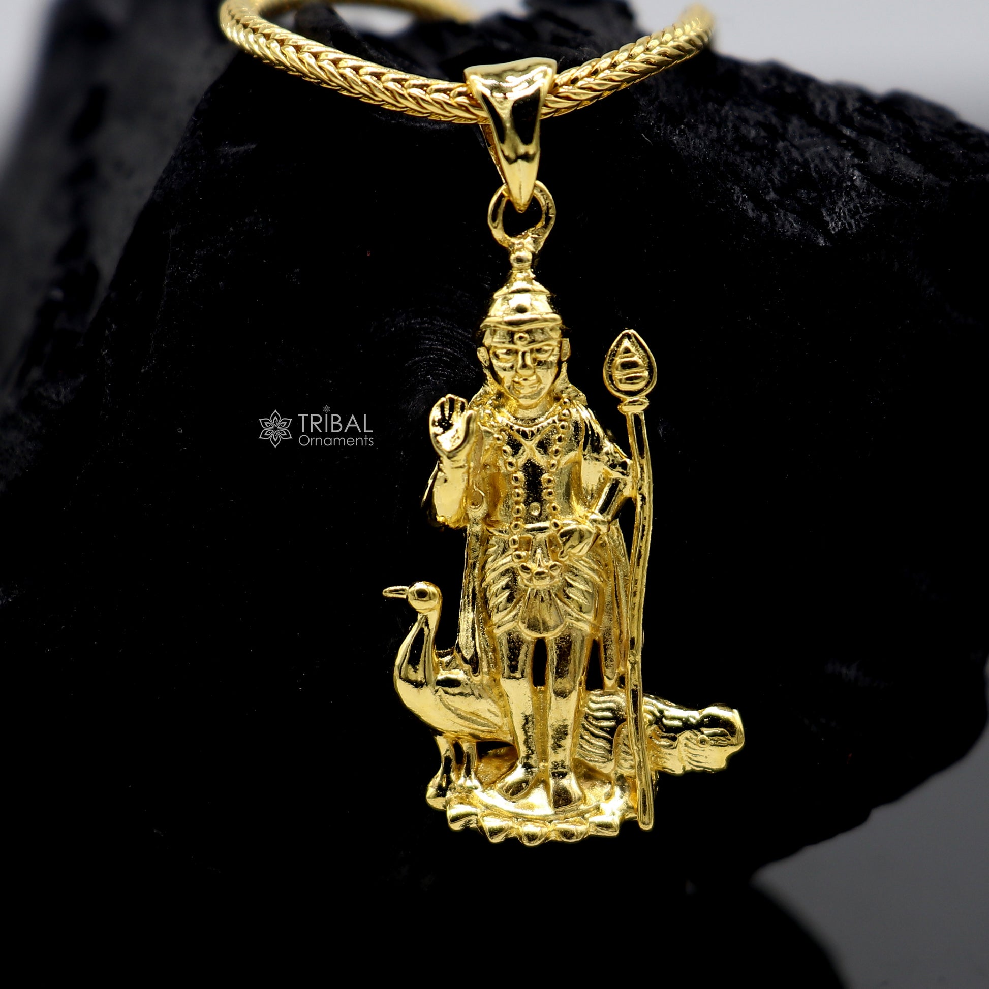 Sterling silver and gold polished Mugan Kartikeya pendant by TRIBAL ORNAMENTS, featuring handcrafted Lord Kartikeya design.