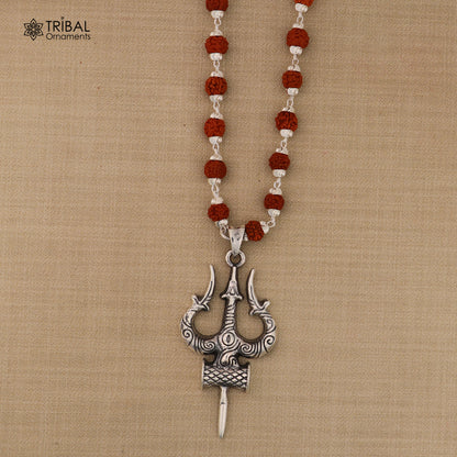 925 sterling silver Shiva trident pendant with Rudraksha mala, meditation jewelry by TRIBAL ORNAMENTS.