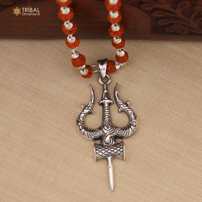 925 sterling silver Shiva trident pendant with Rudraksha mala, featuring traditional meditation jewelry design by Tribal Ornaments.