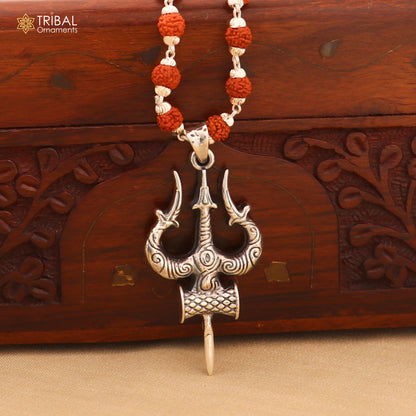 925 sterling silver Shiva trident pendant with Rudraksha mala, meditation jewelry by TRIBAL ORNAMENTS.