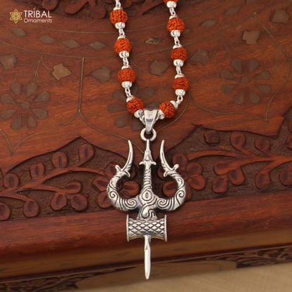 925 sterling silver Shiva trident pendant with Rudraksha mala, meditation jewelry by TRIBAL ORNAMENTS displayed on a plain background.