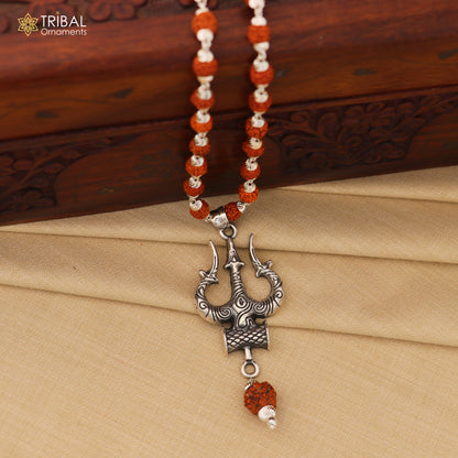 925 sterling silver Shiva trident pendant with Rudraksha mala, tribal ornament meditation jewelry, detailed craftsmanship visible in the image.