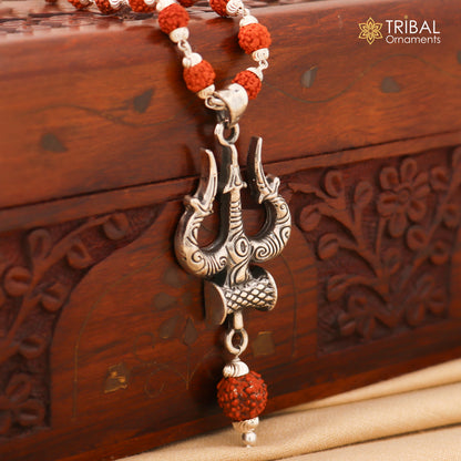 Sterling silver Shiva trident pendant with Rudraksha mala for meditation, crafted by TRIBAL ORNAMENTS.