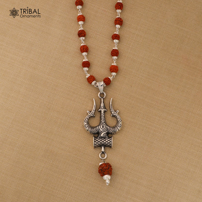 925 sterling silver Shiva trident pendant with Rudraksha mala, tribal meditative jewelry, detailed religious symbol design.