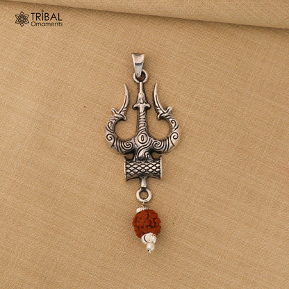 925 sterling silver Shiva trident pendant with optional Rudraksha mala, meditation jewelry from TRIBAL ORNAMENTS.