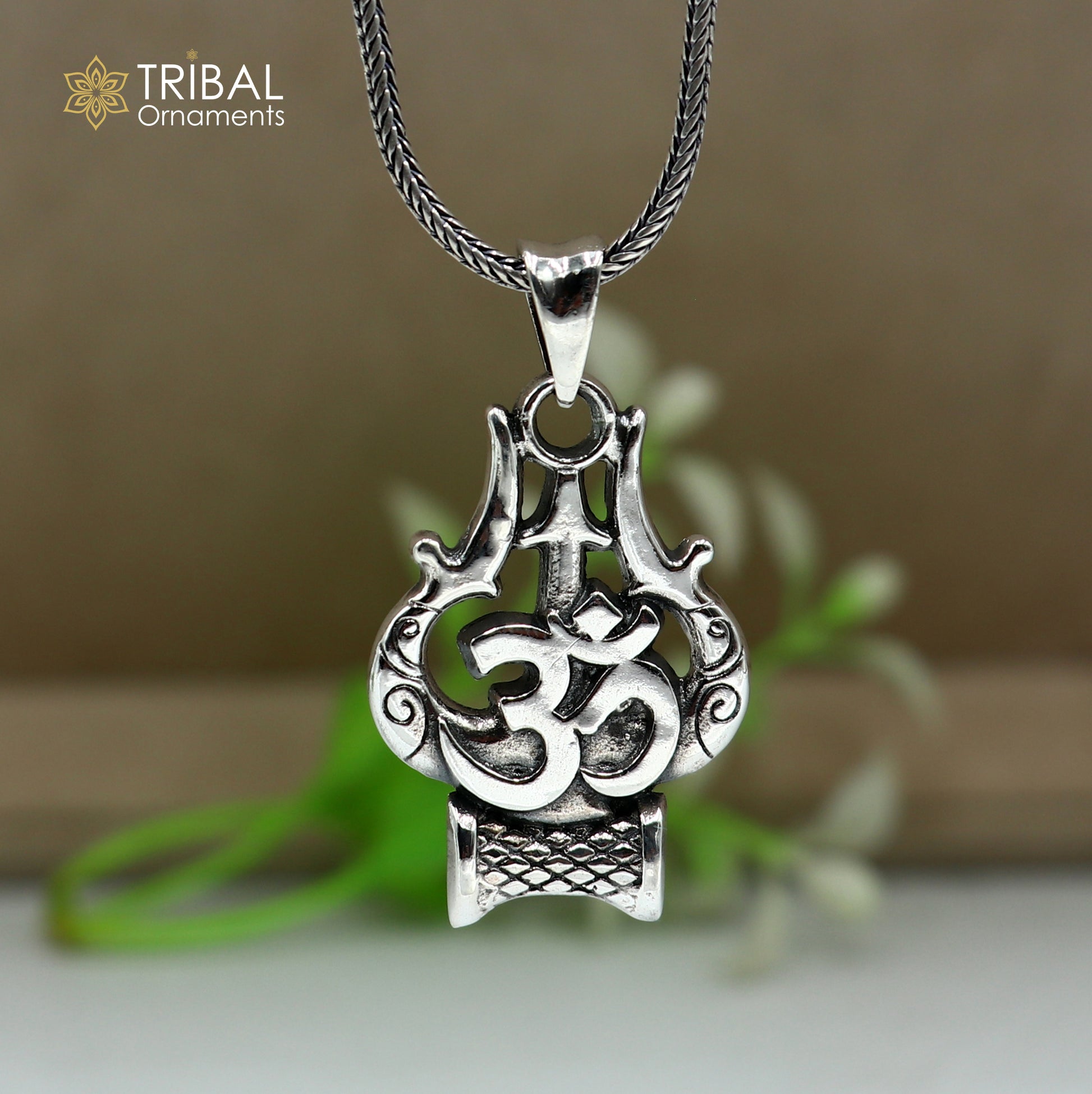 925 sterling silver shiva trident with om mantra Pendant with chain tribal jewellery nsp1052 - TRIBAL ORNAMENTS