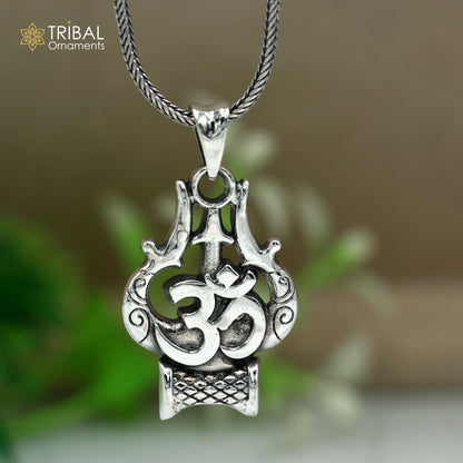 Sterling silver Shiva trident pendant with Om mantra and chain, tribal jewelry by TRIBAL ORNAMENTS.