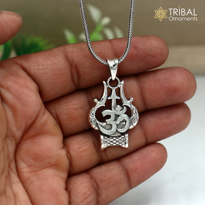 925 sterling silver Shiva trident pendant with Om mantra, tribal jewelry style with chain, by TRIBAL ORNAMENTS.