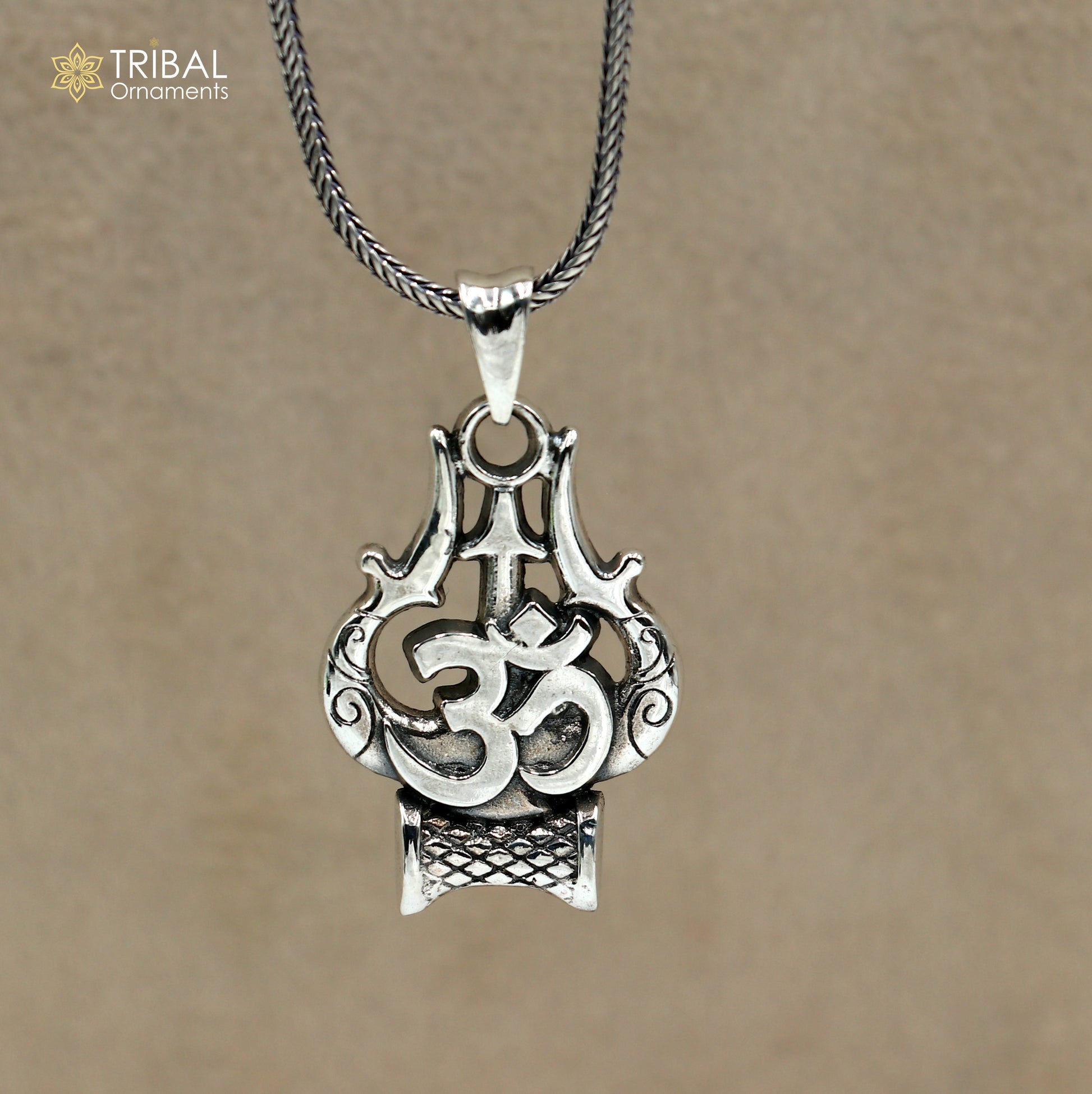 925 sterling silver shiva trident with om mantra Pendant with chain tribal jewellery nsp1052 - TRIBAL ORNAMENTS