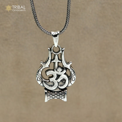 Sterling silver Shiva Trident pendant with Om mantra, tribal jewelry with chain from Tribal Ornaments.