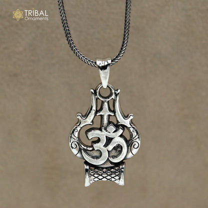 925 sterling silver Shiva trident pendant with Om mantra, tribal jewelry chain, featuring intricate tribal ornament design.