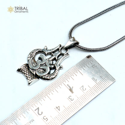 Sterling silver Shiva trident pendant with Om mantra, tribal jewelry chain, crafted by TRIBAL ORNAMENTS.