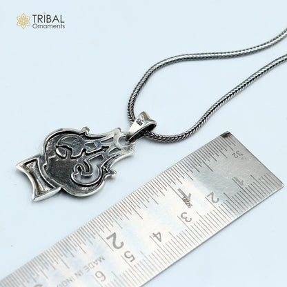Sterling silver Shiva trident pendant with OM mantra and chain, tribal jewelry by TRIBAL ORNAMENTS.