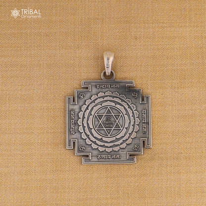 925 Sterling Silver Shree Kuber Yantra pendant with chain, tribal jewelry featuring intricate design and traditional craftsmanship.