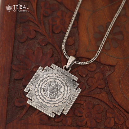 925 Sterling Silver Shree Kuber Yantra pendant with chain, tribal jewelry piece featuring intricate design and traditional craftsmanship.