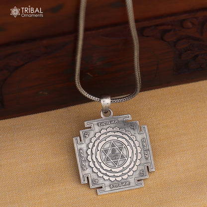925 Sterling Silver Shree Kuber Yantra pendant with chain, tribal jewelry featuring intricate tribal ornament design.